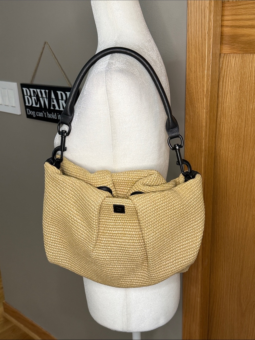 THINK ROYLN Beige Woven Shoulder Bag with Black Handle
